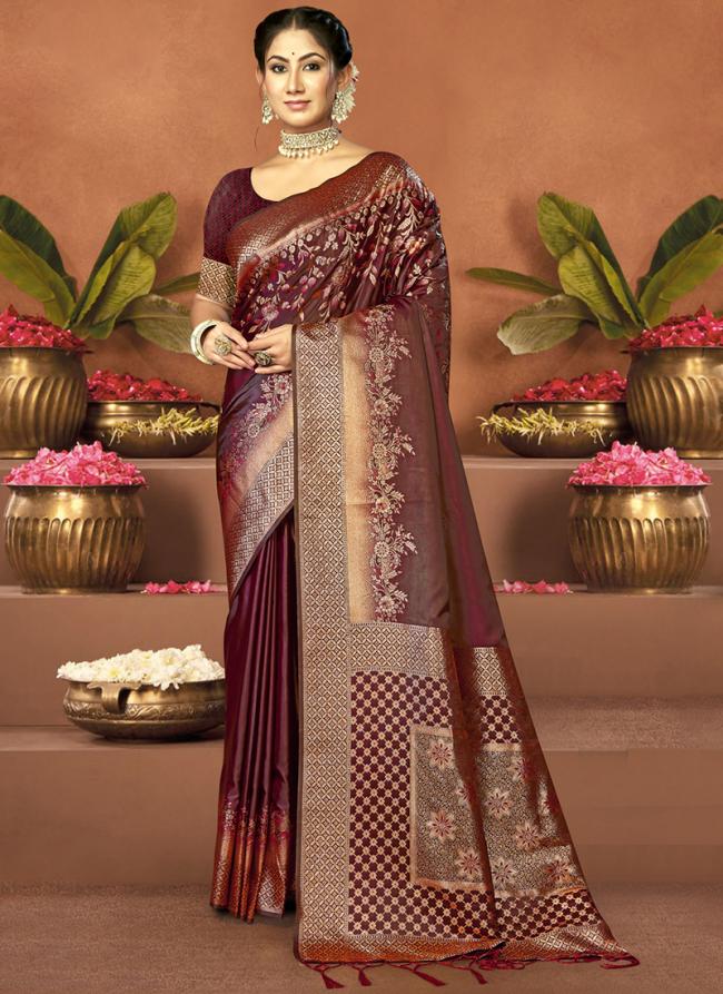 Sattin Silk Light Brown Wedding Wear Printed Saree